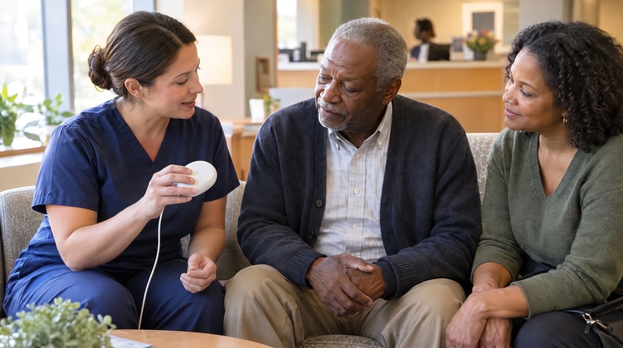 A nurse showing the Kardian sensor to a patient and his family
