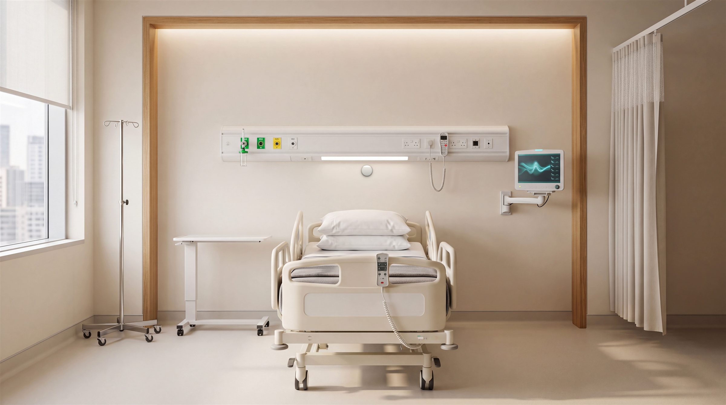 A hospital room with the XK300 above the bed