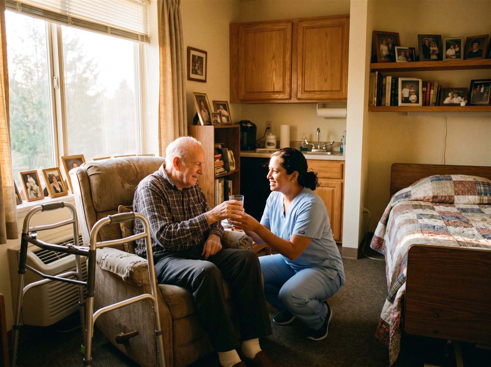 A caregiver with a resident in assisted living